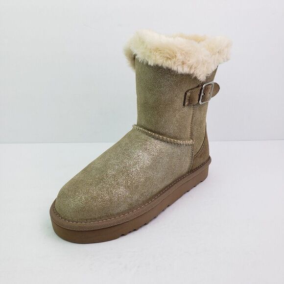 Style & Co Tiny2 Womens Sz 6 Gold Shimmer Leather Mid Calf FauxFur Winter Boots - Picture 2 of 11